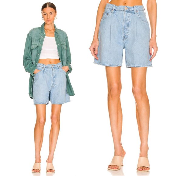 MOTHER Pants - MOTHER Snacks! Dip Wide Leg Denim SHORTS Size 32 Blue Just a Nibble NEW $198